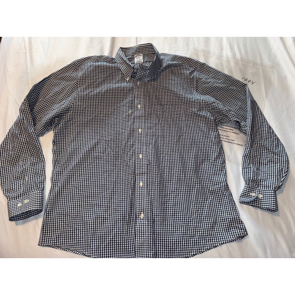 Brooks Brothers Regent Non-Iron Gingham Shirt Navy Blue White XL Mens